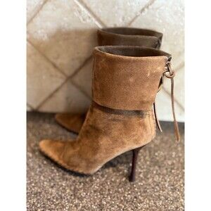 Gucci Folded Cuff Brown Tan Suede Ankle Booties Thin Heeled Women's Size 6.5B